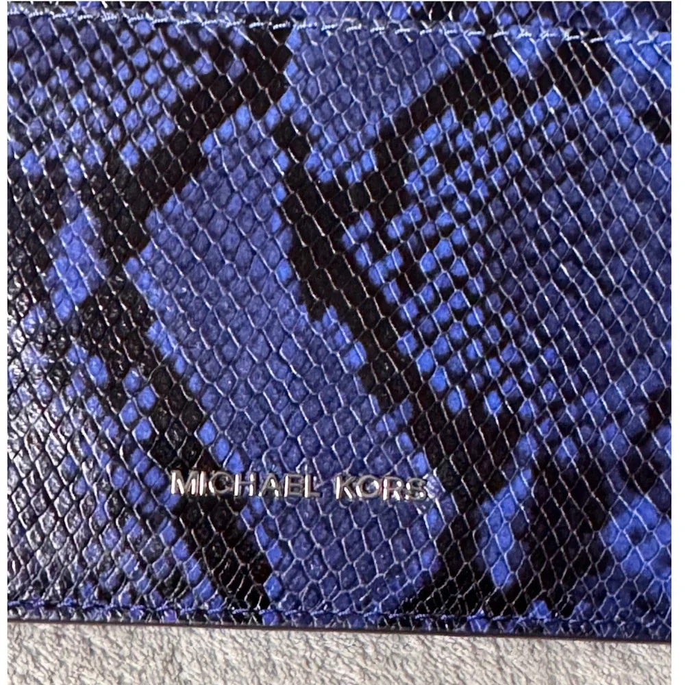 Michael Kors Ellie MD Shoulder Flap Clutch Bag Blue Snake Print Embossed Leather